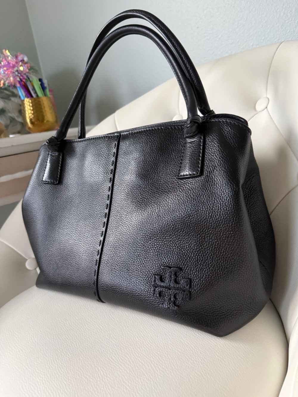 Tory Burch McGraw Black Pebbled Leather Satchel shoulder Bag crossbody Bag - Picture 11 of 16